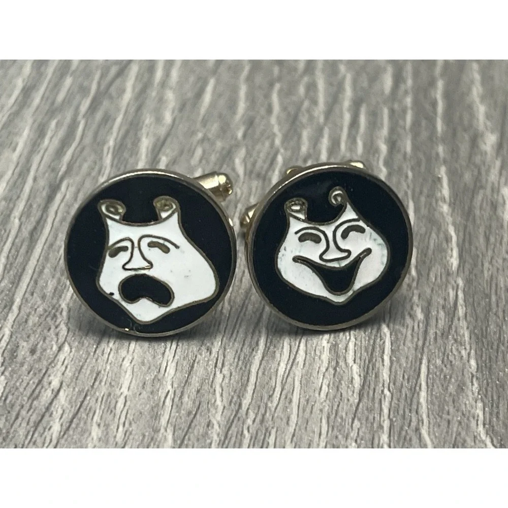 Vintage‎ Theater Comedy Tragedy Masks Cufflinks Gold Tone Enamel Performing Arts
